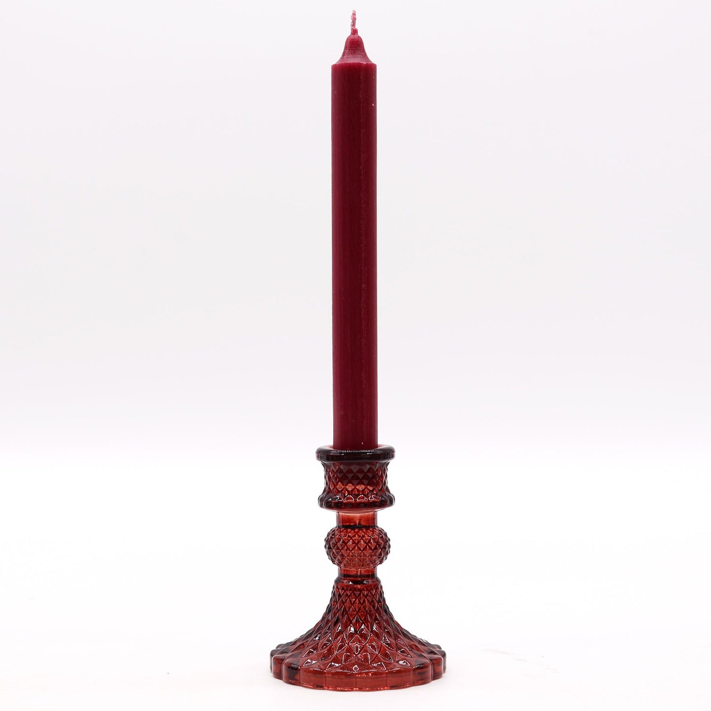 Alt Tag: Vampire Red Glass Candle Holders – 10x8 CM pressed red glass candle holder with tall taper candle, 10x8 cm, ornate base