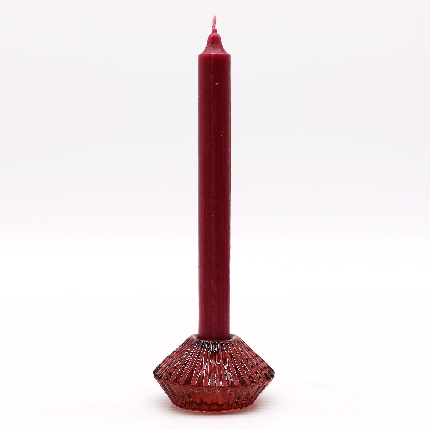 Vampire Red Glass Candle Holders – Set of 2 with red pressed glass holder and tall dinner candle on white background