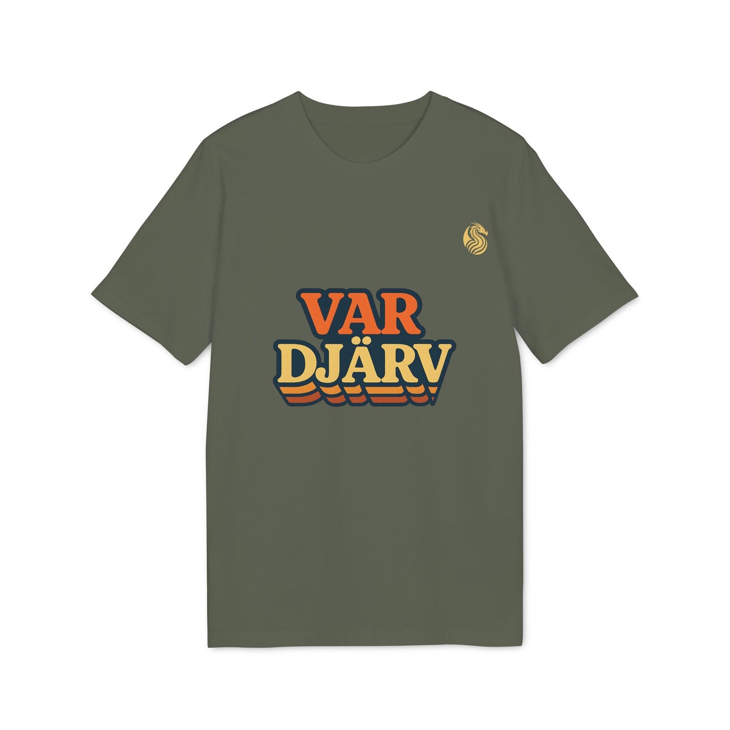 Var Djärv Ungdom 100% Organic Cotton T-Shirt in olive green with bold VAR DJÄRV chest print and small crest logo
