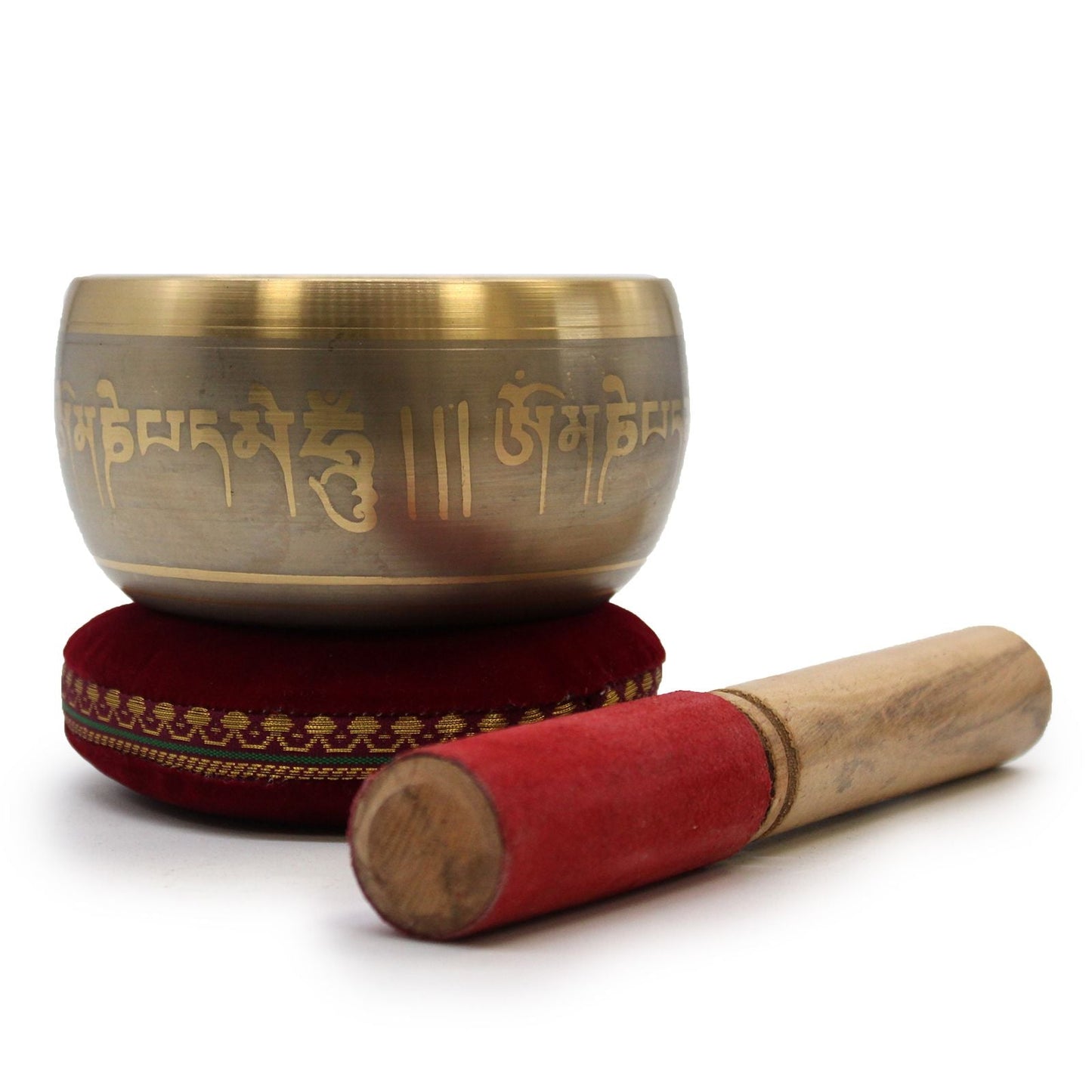 Velvet Singing Bowl Cushion – 11CM with Tibetan singing bowl and wooden mallet on red velvet cushion