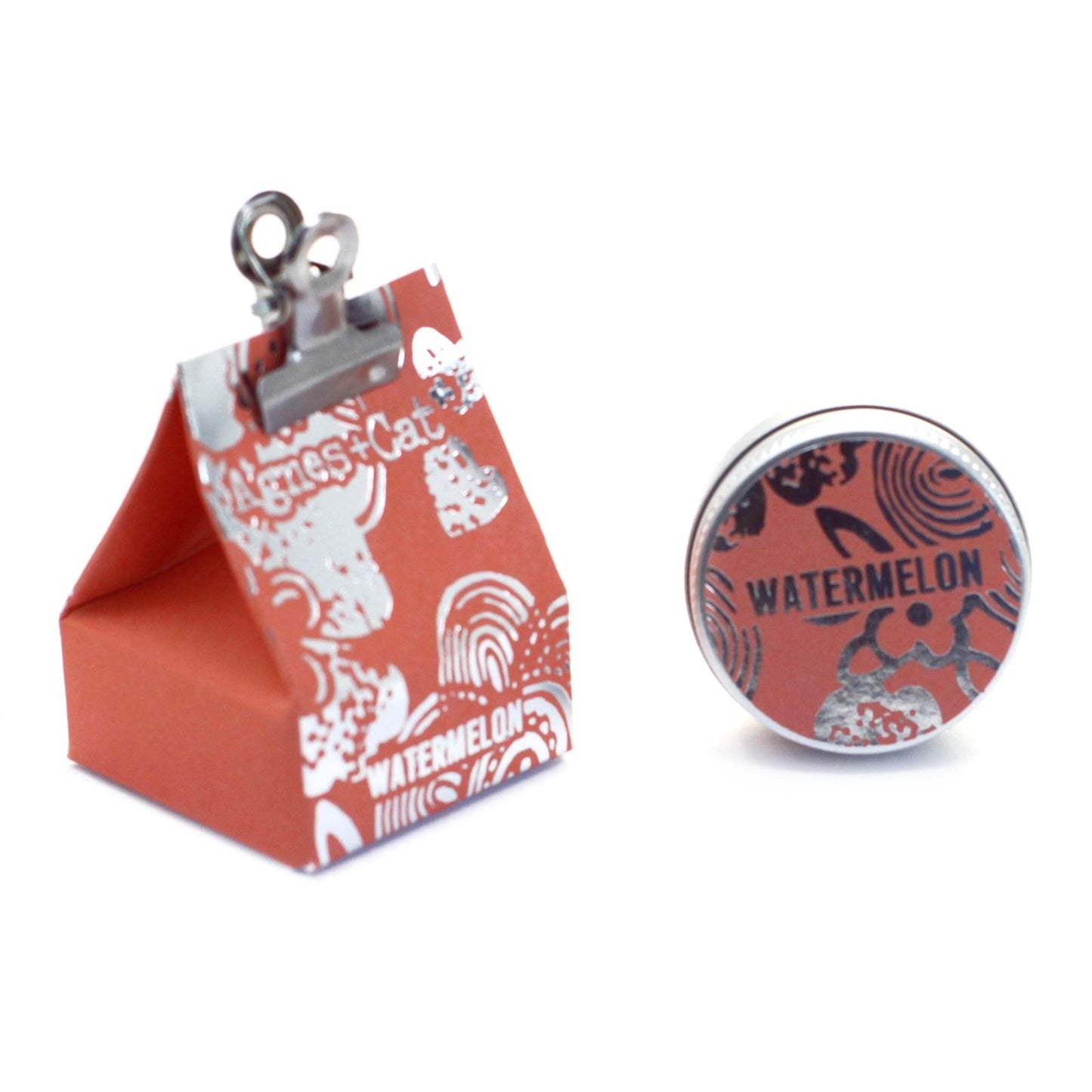 Alt Tag: Watermelon Vegan Lip Balm – 12G in watermelon-scented tin with red clip-on gift box packaging, 12g vegan lip balm