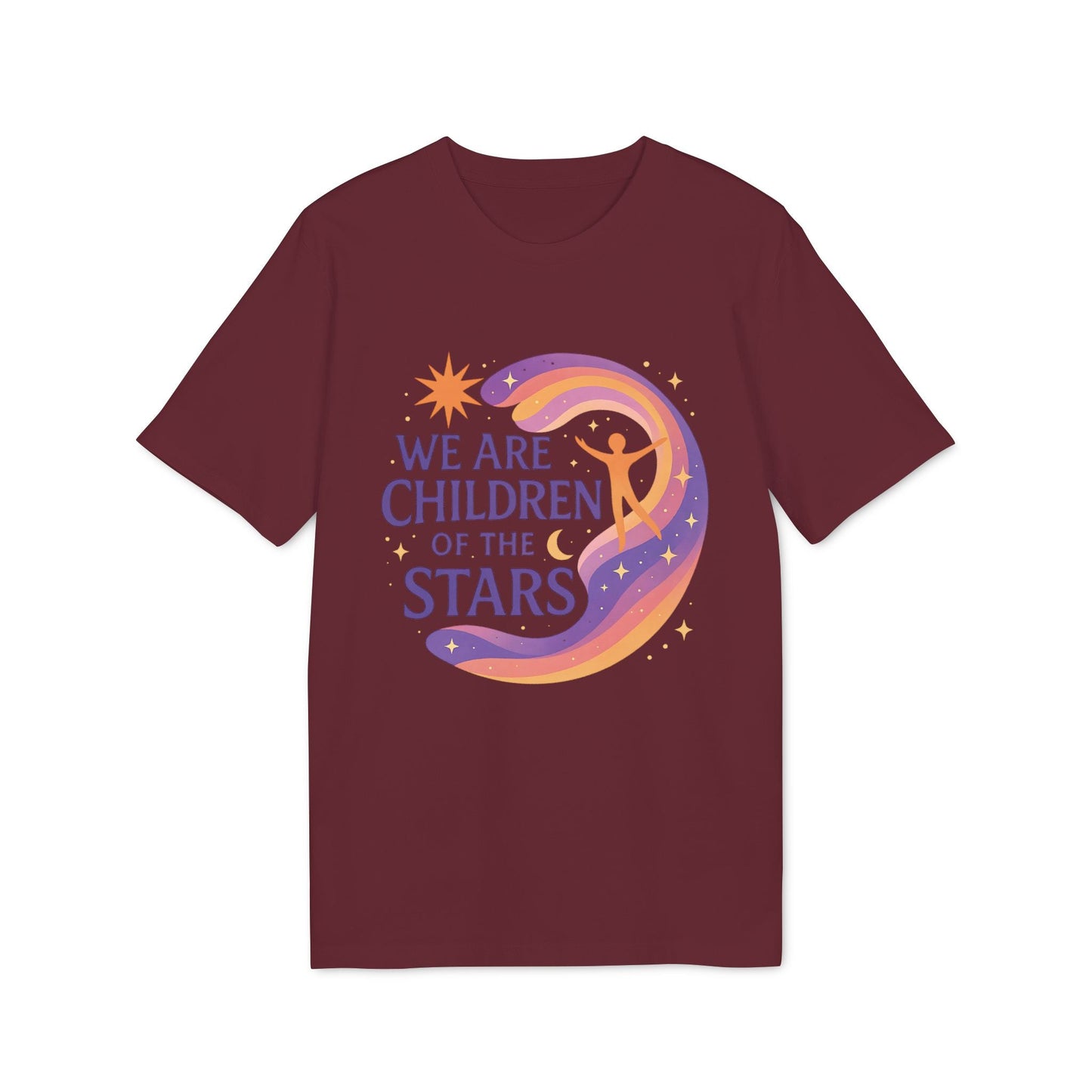 Alt Tag: We Are Children Of The Stars 100% Organic Cotton T-Shirt, camiseta burdeos con diseño celestial y texto “We Are Children Of The Stars”