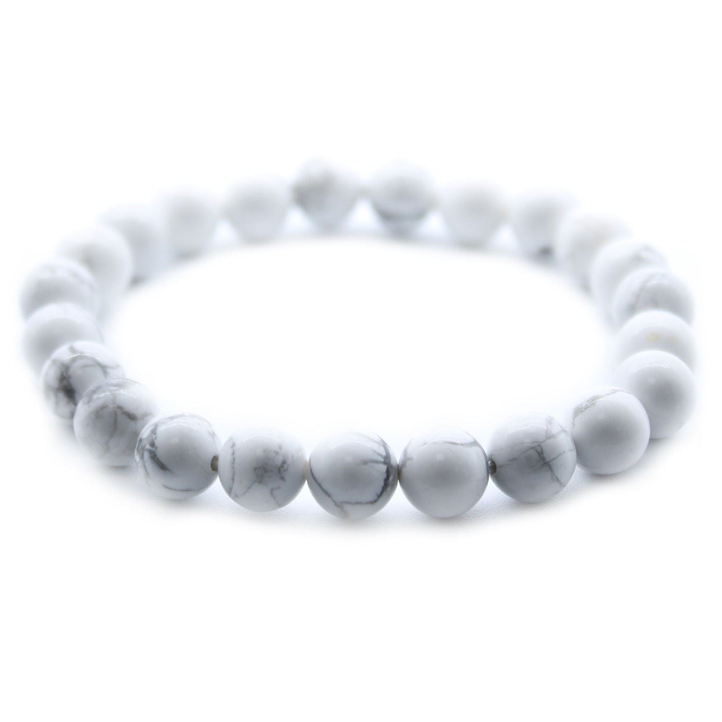 Alt Tag: White Jasper Gemstone Bracelet – 8MM white gemstone bead stretch bracelet with subtle gray veining on white background