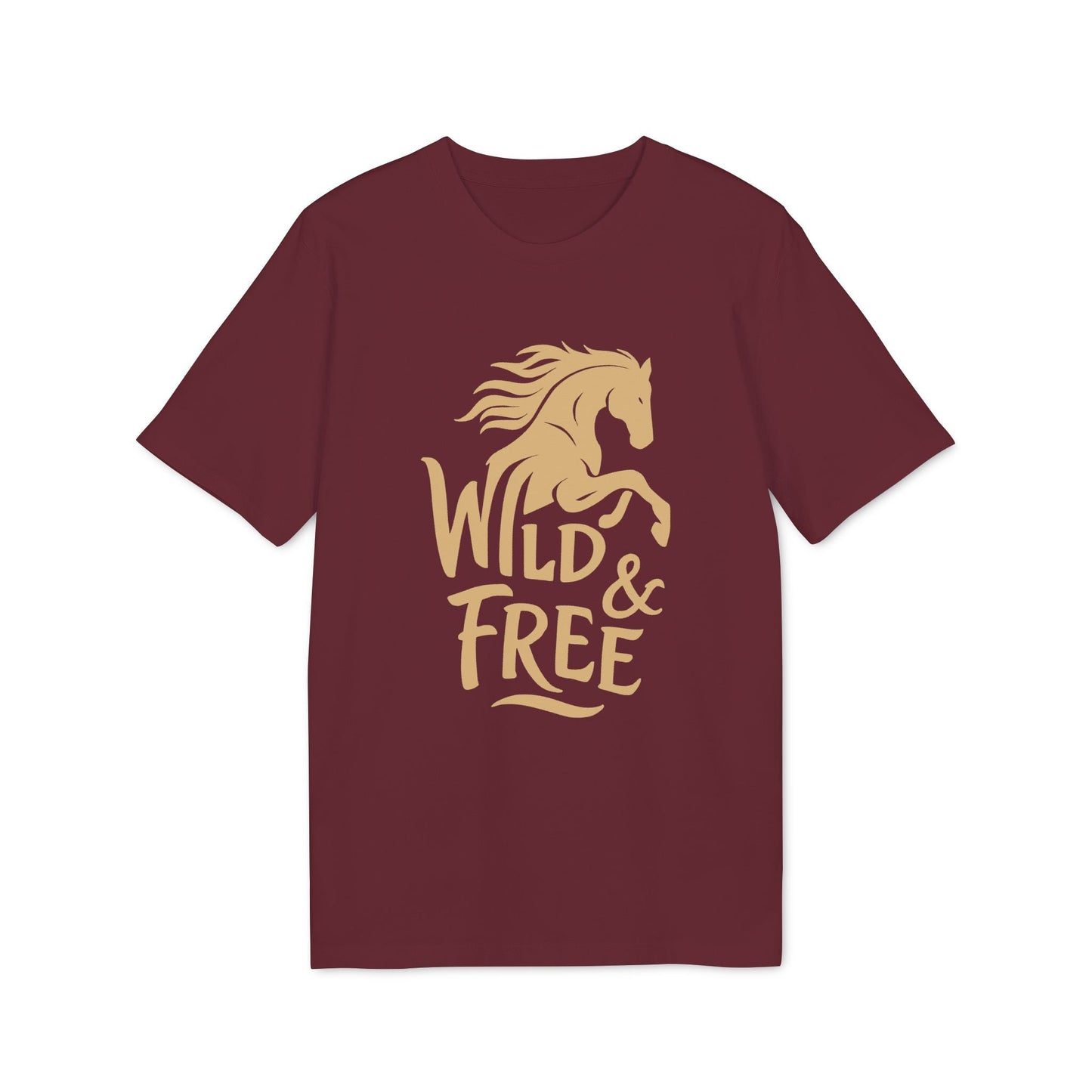 Alt-Tag: Wild And Free T-Shirt aus 100 % Bio-Baumwolle in Burgunderrot mit goldenem Pferde-Print und „Wild & Free“-Text