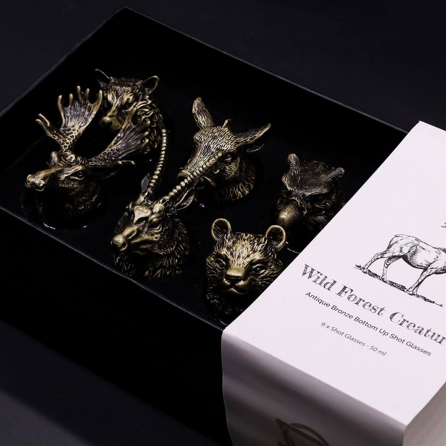 Presentset med 6 shotglas (50 ML) – Wild Forest Creatures – Antique Bronze i låda, hållare i antik brons med djurhuvuden