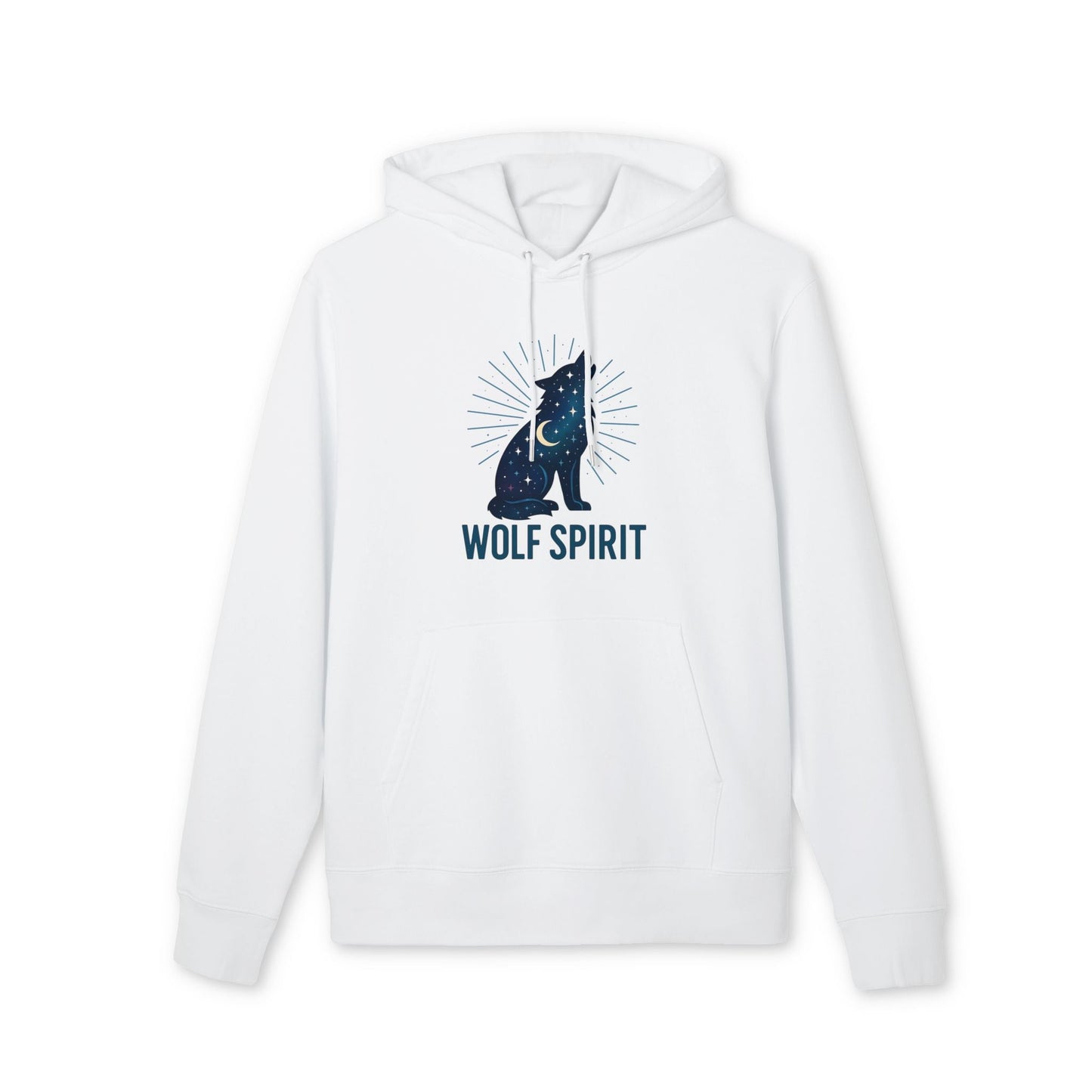 Alt Tag: Wolf Spirit Sustainable Unisex Hoodie blanco con capucha y cordones, estampado lobo “WOLF SPIRIT” en el pecho