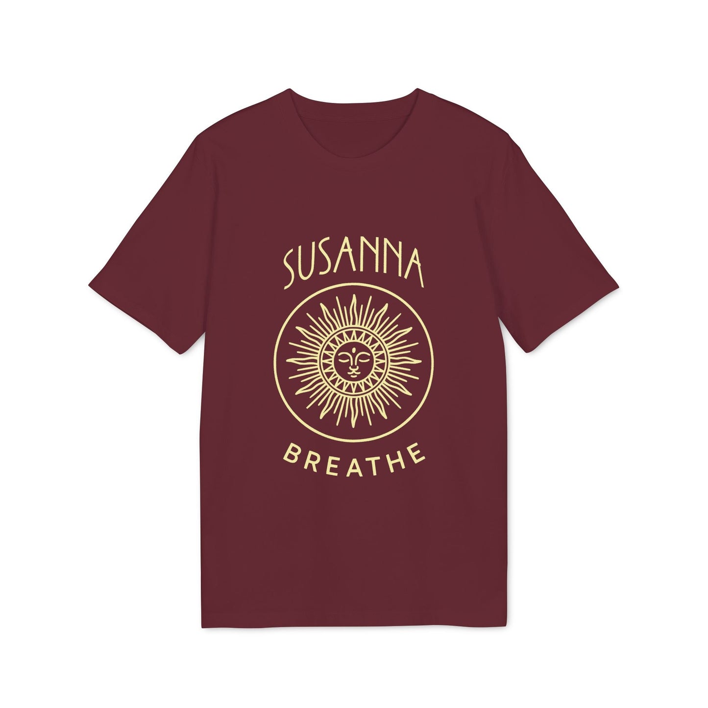 Alt Tag: Yoga Breathe Femenine Elegant Personalized Premium Unisex T-Shirt burgundy tee with sun face graphic and “SUSANNA BREATHE” print