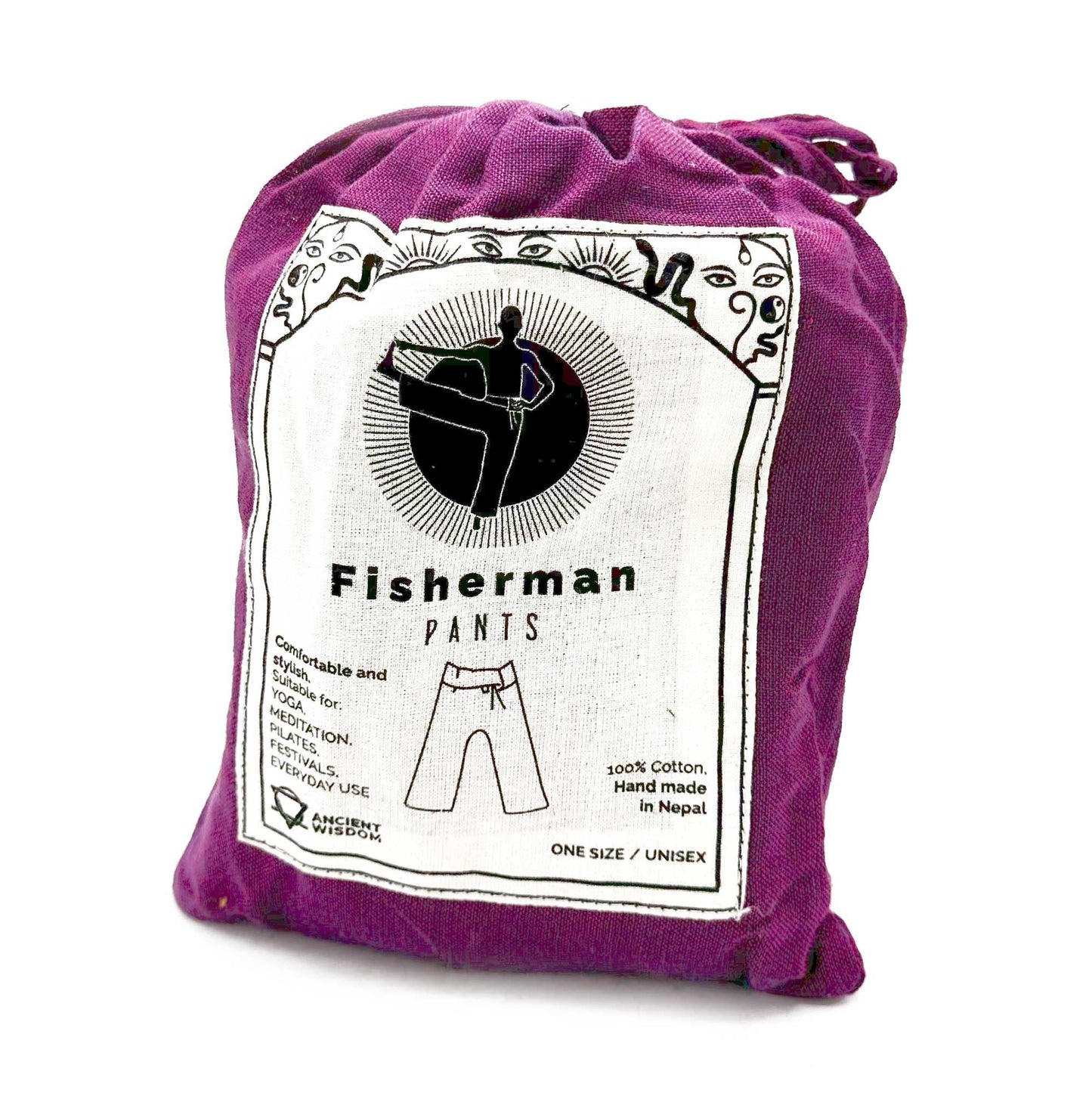 Alt Tag: Yoga- och festivalbyxor – Thai Fisherman Mandala Mantra på lila bomullsbyxor i lila dragskopåse med etiketten Fisherman Pants