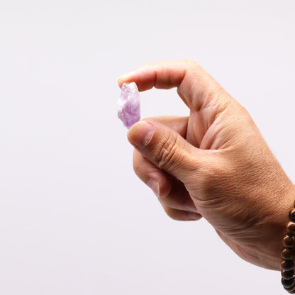 Gemstone Raw Crystals – 500G Amethyst Points, mano sosteniendo una punta de amatista en bruto sobre fondo blanco