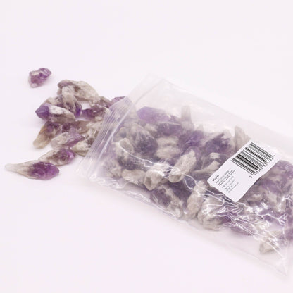 Alt Tag: Gemstone Raw Crystals – 500G Amethyst Points in clear bag, natural rough purple amethyst crystal points on white background
