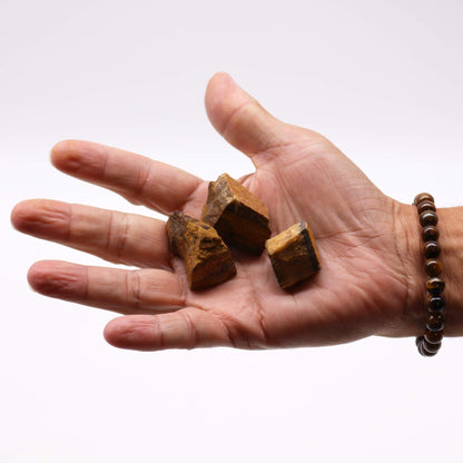 Gemstone Raw Crystals – 500G Tiger Eye raw tiger eye stones in hand, golden-brown rough crystal pieces on white background