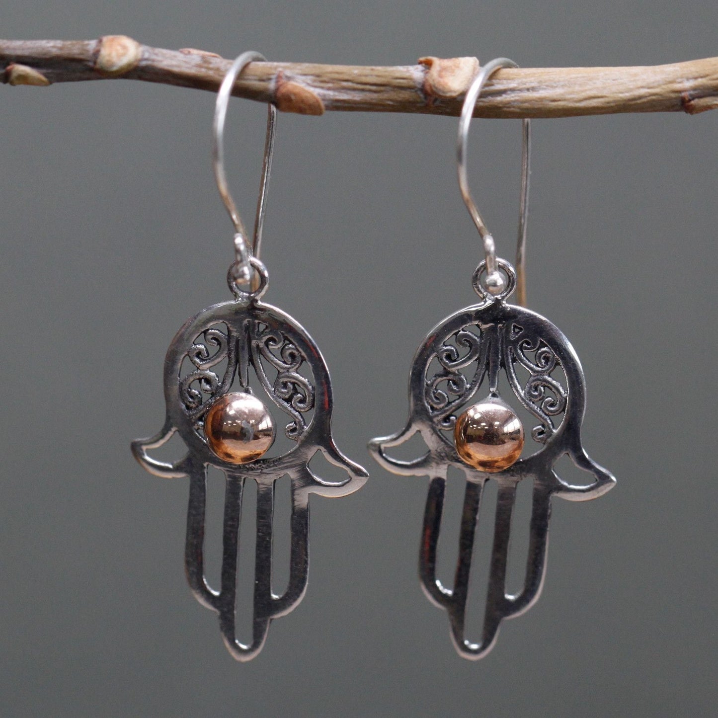 925 Silver & 18K Gold Hamsa Earrings – Hook 2.5CM silver and gold hamsa hand hook earrings hanging on branch