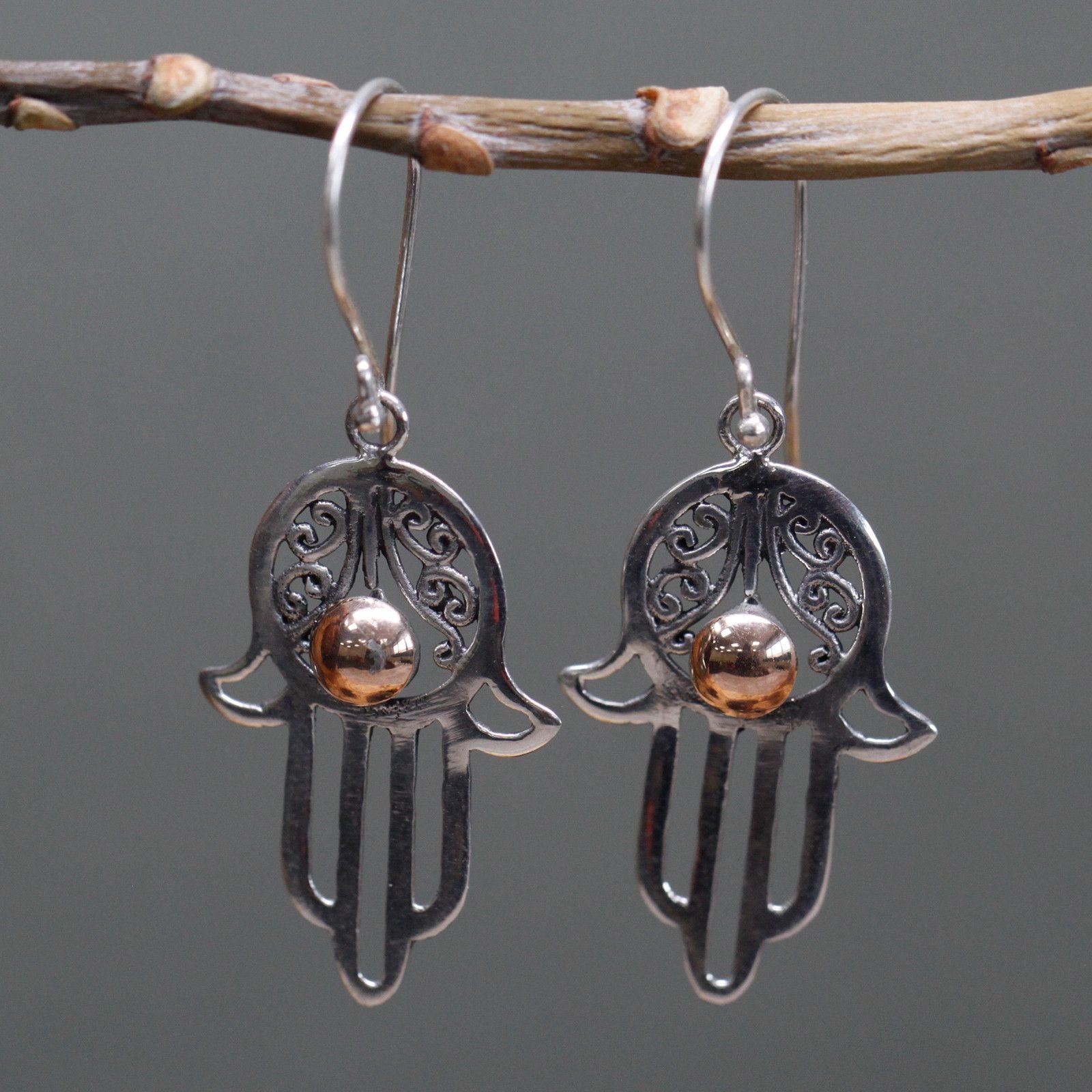 925 Silver & 18K Gold Hamsa Earrings – Hook 2.5CM silver and gold hamsa hand hook earrings hanging on branch