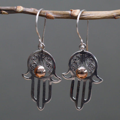925 Silver & 18K Gold Hamsa Earrings – Hook 2.5CM silver and gold hamsa hand hook earrings hanging on branch