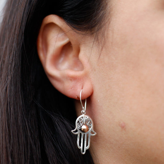 925 Silver & 18K Gold Hamsa Earrings – Hook 2.5CM worn on ear, hamsa hand hook earring in silver with gold accent