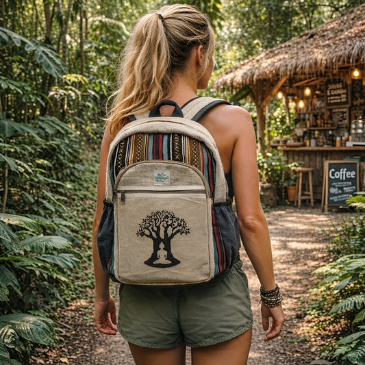 Mochila grande de cáñamo y algodón con bordado del Árbol Bodhi, tonos tierra y bolsillos frontales y laterales