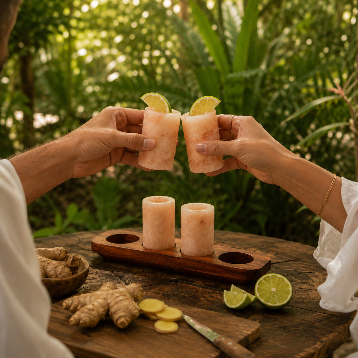Set of 4 Himalayan Salt Shot Glasses with Wood Serving Stand