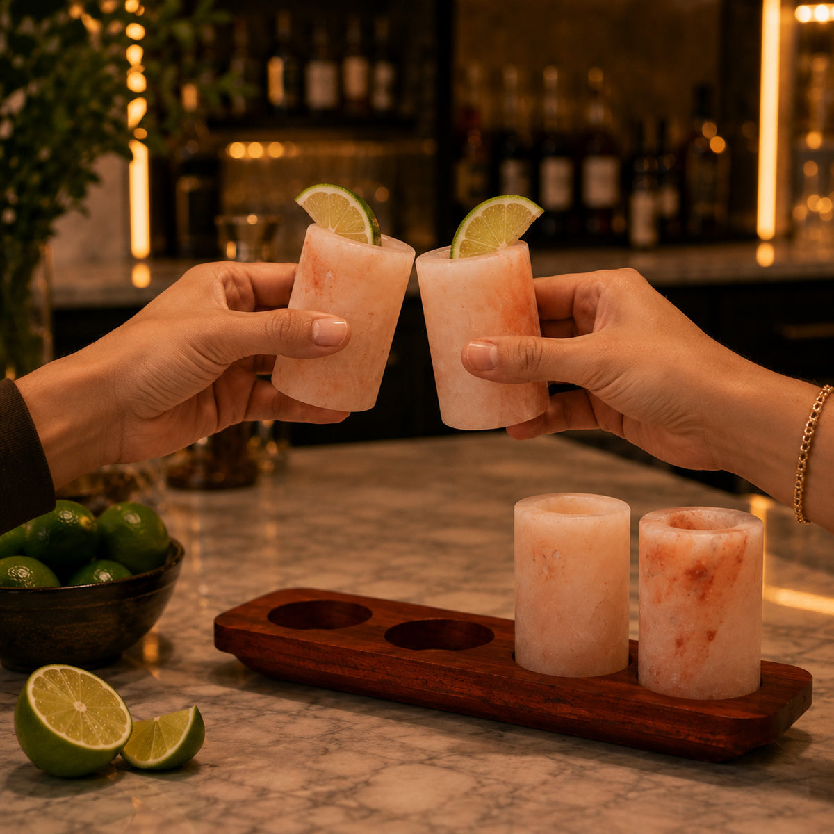 Set of 4 Himalayan Salt Shot Glasses with Wood Serving Stand