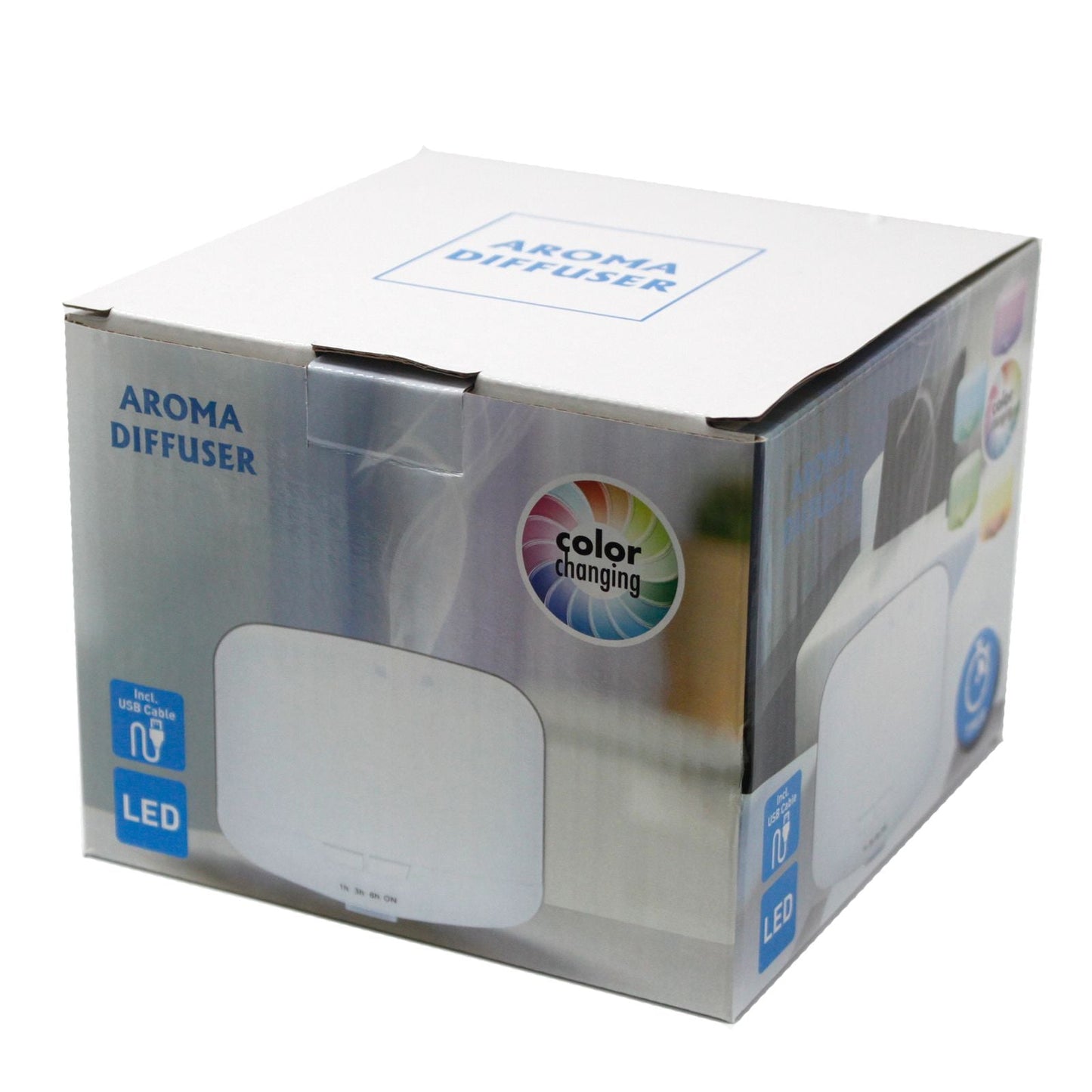 Alt-Tag: Aarhus Atomiser – Classic Pod – USB – Farbwechsel – Timer Aromadiffusor-Produktbox mit Icon für farbwechselnde LED