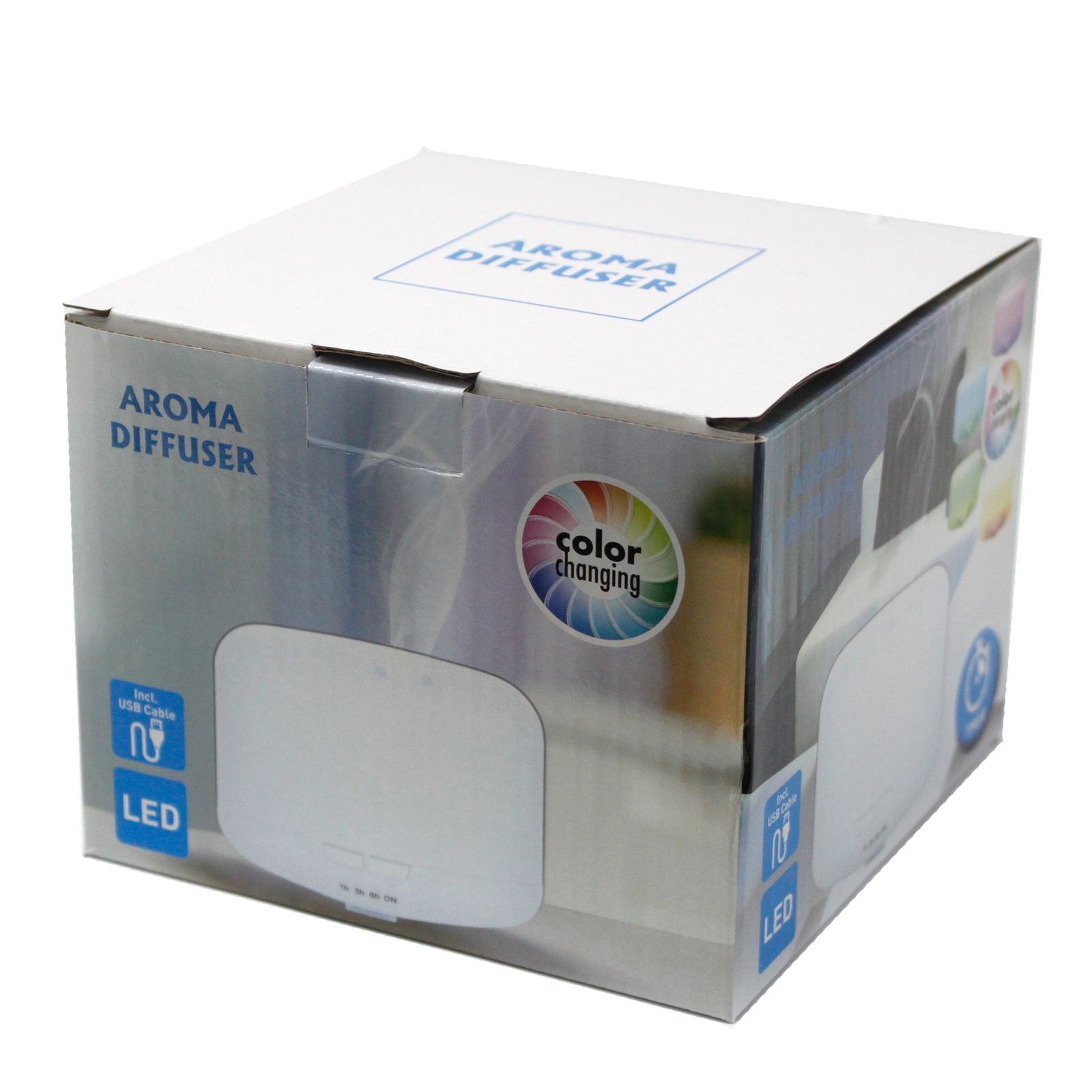 Alt-Tag: Aarhus Atomiser – Classic Pod – USB – Farbwechsel – Timer Aromadiffusor-Produktbox mit Icon für farbwechselnde LED