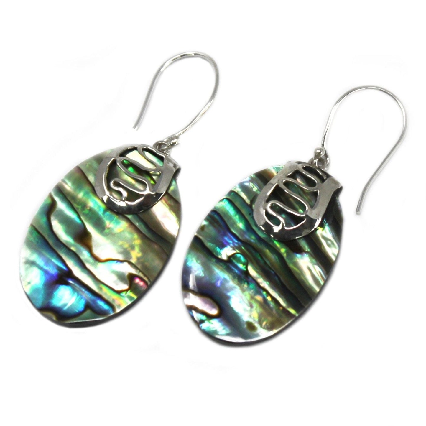 Alt Tag: Abalone Shell & Silver Earrings – Flip-Flop Design, iridescent abalone shell flip-flop earrings with 925 sterling silver hooks