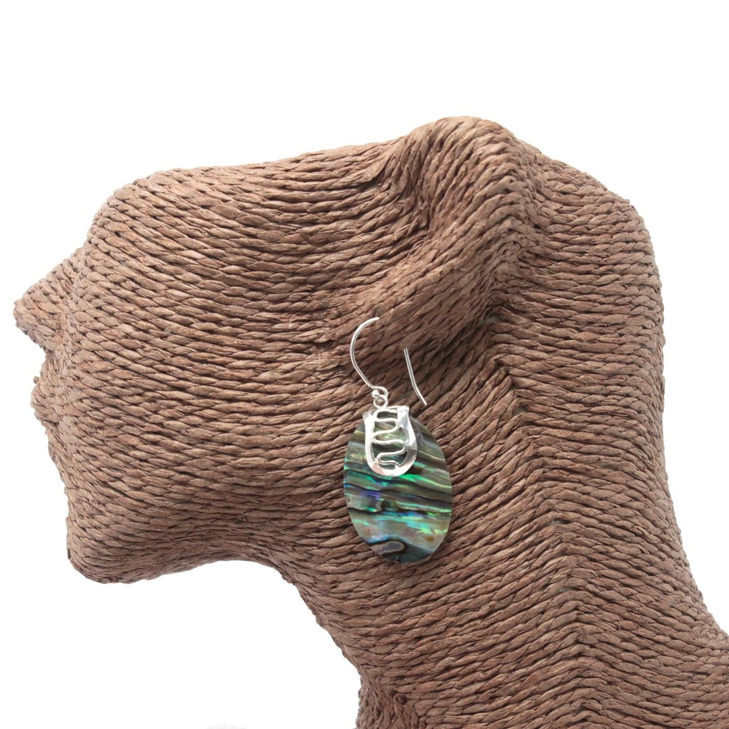 Abalone Shell & Silver Earrings – Flip-Flop Design on earring display, iridescent abalone shell drop with 925 silver hook