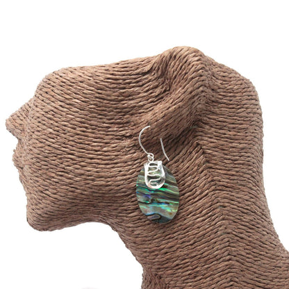 Abalone Shell & Silver Earrings – Flip-Flop Design on earring display, iridescent abalone shell drop with 925 silver hook