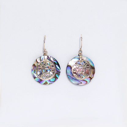 Alt Tag: Abalone Shell & Silver Earrings – Flower Design, 925 sterling silver dangle earrings with iridescent abalone shell discs