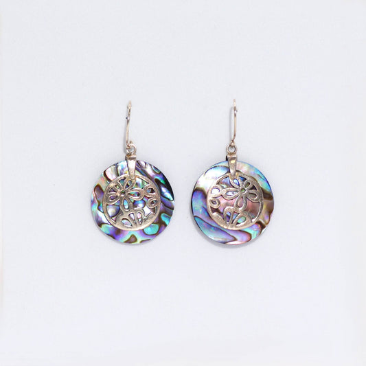 Alt Tag: Abalone Shell & Silver Earrings – Flower Design, 925 sterling silver dangle earrings with iridescent abalone shell discs