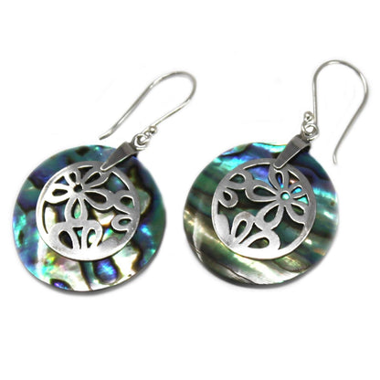 Abalone Shell & Silver Earrings – Flower Design, 925 sterling silver floral dangle earrings with iridescent abalone shell discs