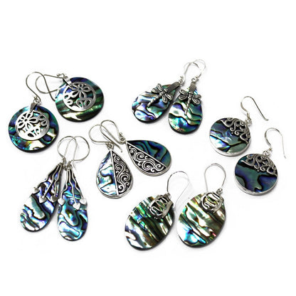 Alt Tag: Abalone Shell & Silver Earrings – Flower Design, 925 sterling silver floral drop earrings with iridescent abalone shell