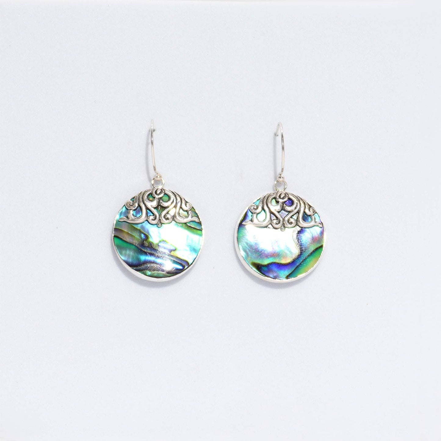 Alt Tag: Abalone Shell & Silver Earrings – Classic Disc, circular iridescent abalone disc drop earrings with silver hook
