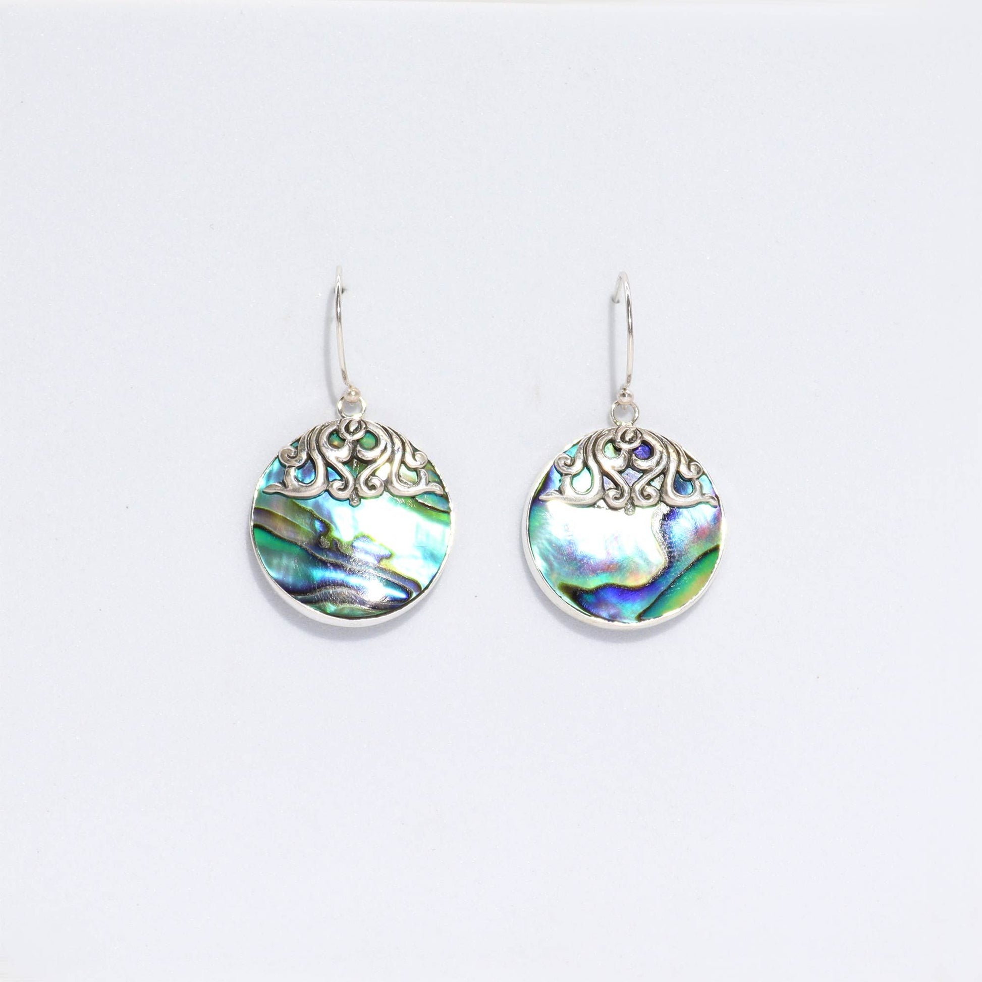 Alt Tag: Abalone Shell & Silver Earrings – Classic Disc, circular iridescent abalone disc drop earrings with silver hook