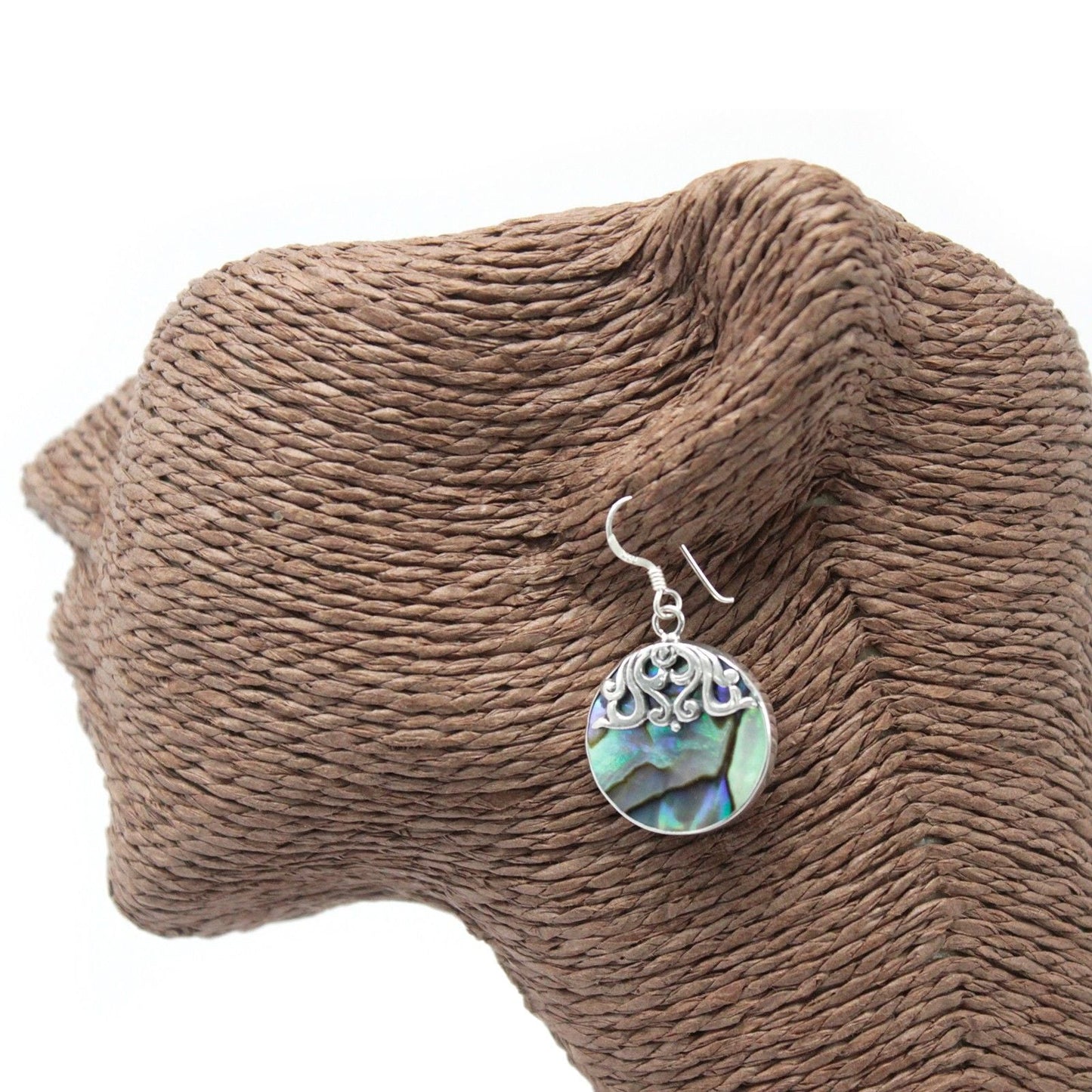 Abalone Shell & Silver Earrings – Classic Disc on display bust, round abalone disc with silver filigree and hook