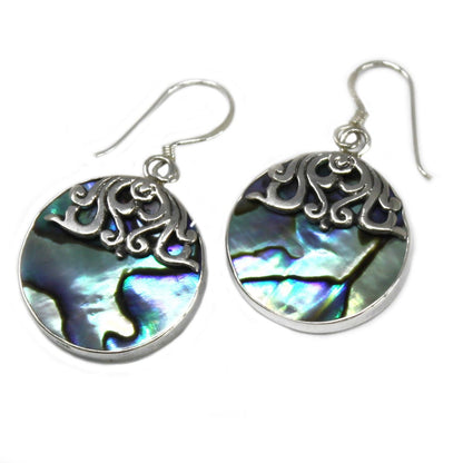 Alt Tag: Abalone Shell & Silver Earrings – Classic Disc with iridescent abalone disc drops and silver hook ear wires