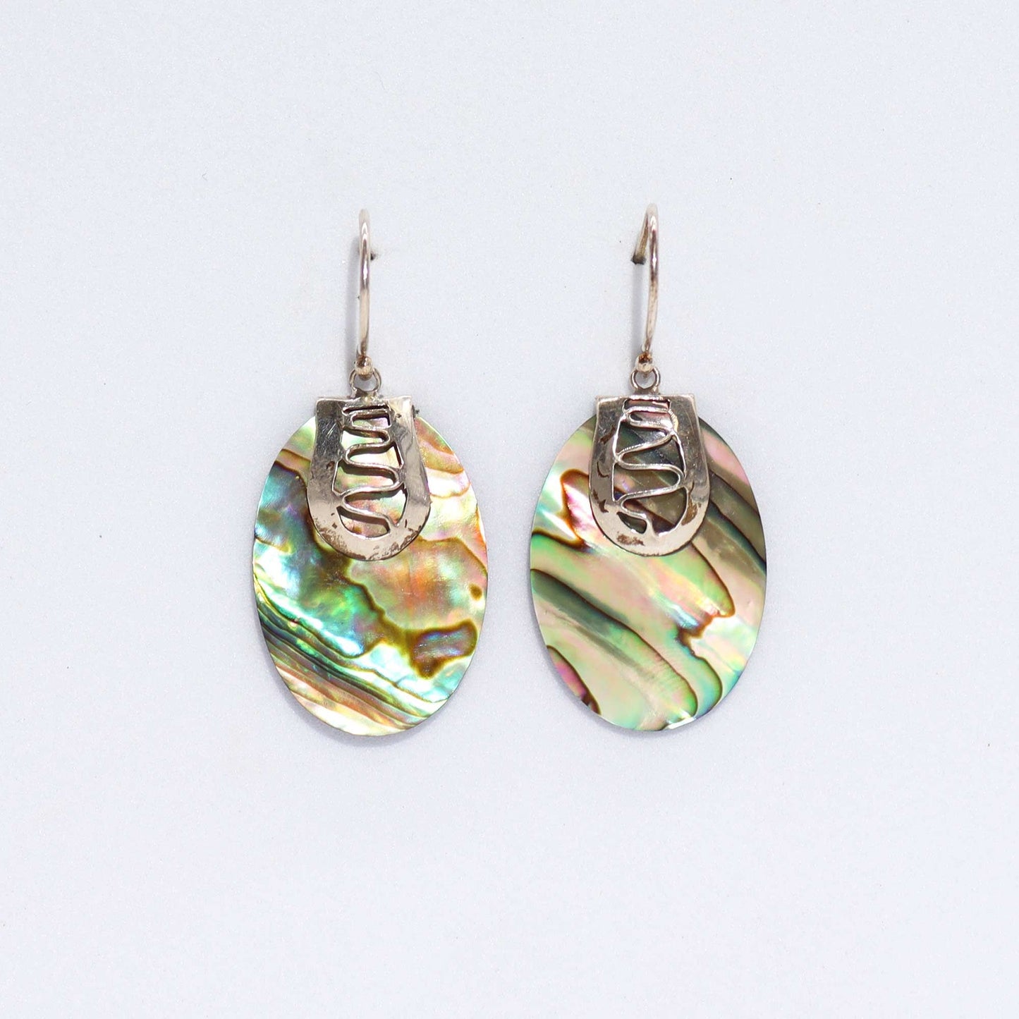 Alt Tag: Abalone Shell & Silver Earrings – Flip-Flop Design, iridescent abalone oval dangle earrings with 925 sterling silver hooks