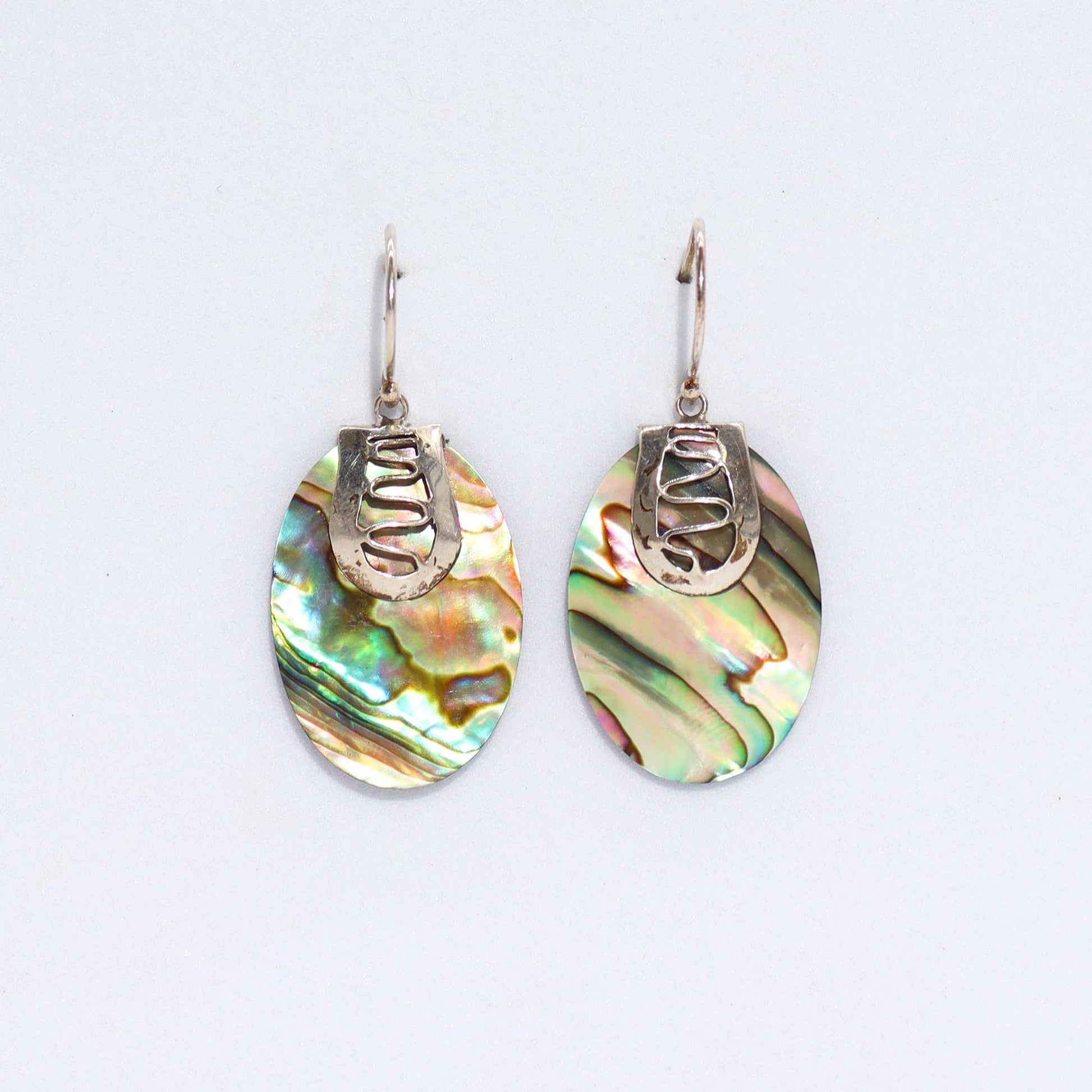Alt Tag: Abalone Shell & Silver Earrings – Flip-Flop Design, iridescent abalone oval dangle earrings with 925 sterling silver hooks