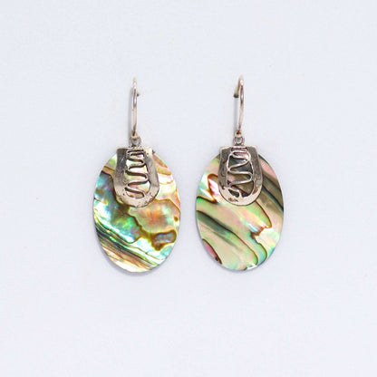 Alt Tag: Abalone Shell & Silver Earrings – Flip-Flop Design, iridescent abalone oval dangle earrings with 925 sterling silver hooks