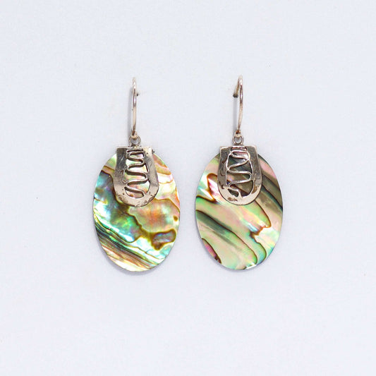 Alt Tag: Abalone Shell & Silver Earrings – Flip-Flop Design, iridescent abalone oval dangle earrings with 925 sterling silver hooks