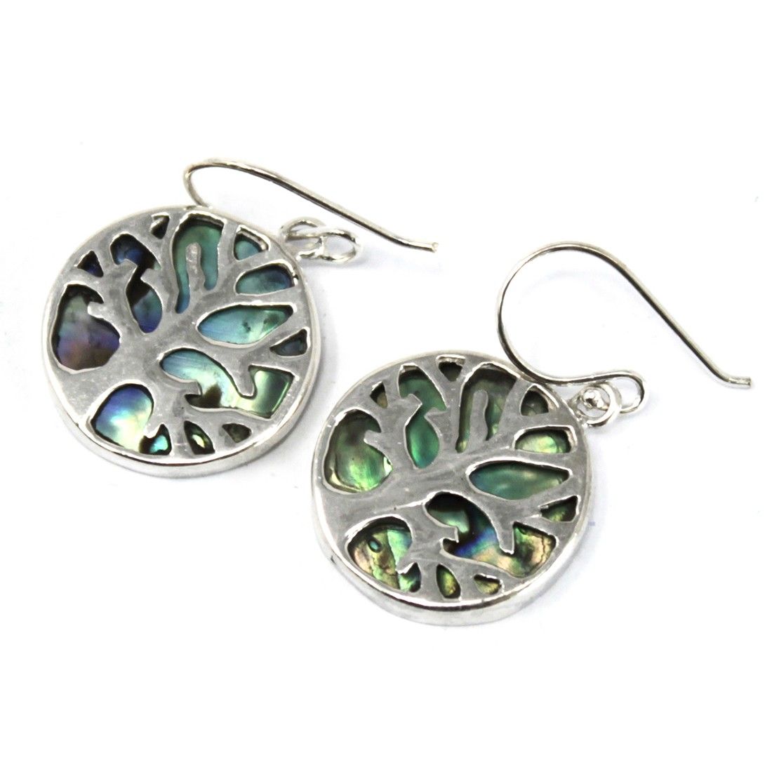 Alt Tag: Silverörhängen Abalone Tree of Life – 15 MM, runda droppörhängen i 925 silver med abaloneinlägg och Tree of Life-design