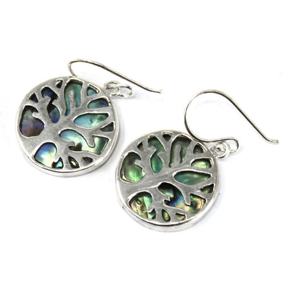 Alt Tag: Silverörhängen Abalone Tree of Life – 15 MM, runda droppörhängen i 925 silver med abaloneinlägg och Tree of Life-design