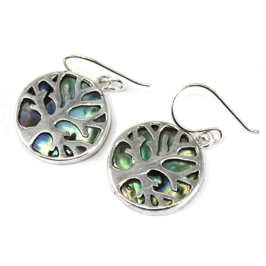 Alt Tag: Abalone Tree of Life Silver Earrings – 15 MM, 925 silver round drop earrings with abalone inlay and tree of life design