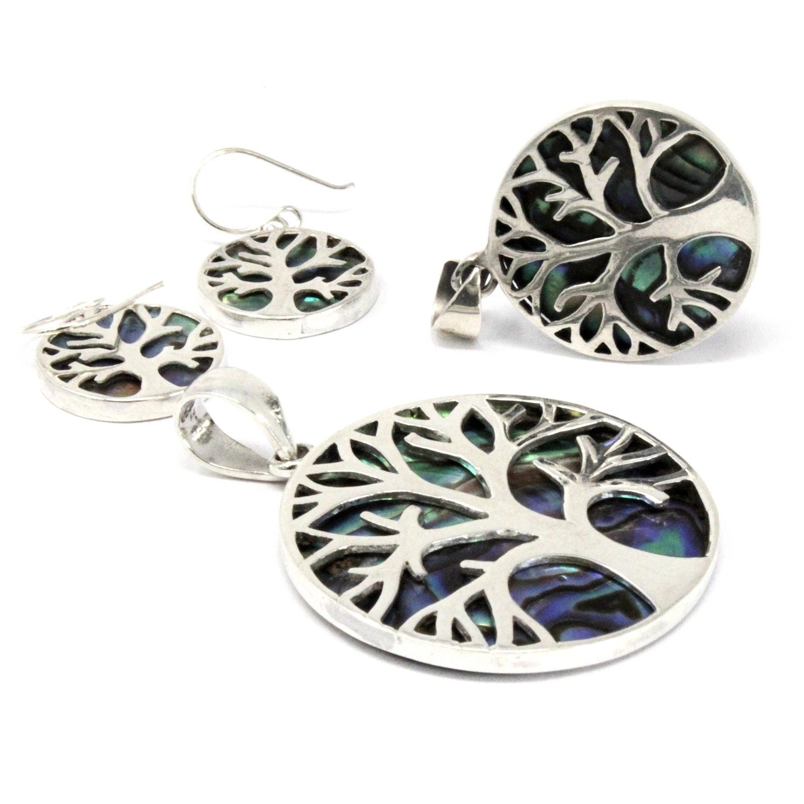 Abalone Tree of Life Silverörhängen – 15 MM tree of life-örhängen i 925 silver med skimrande abaloneinlägg, hängande design med krok