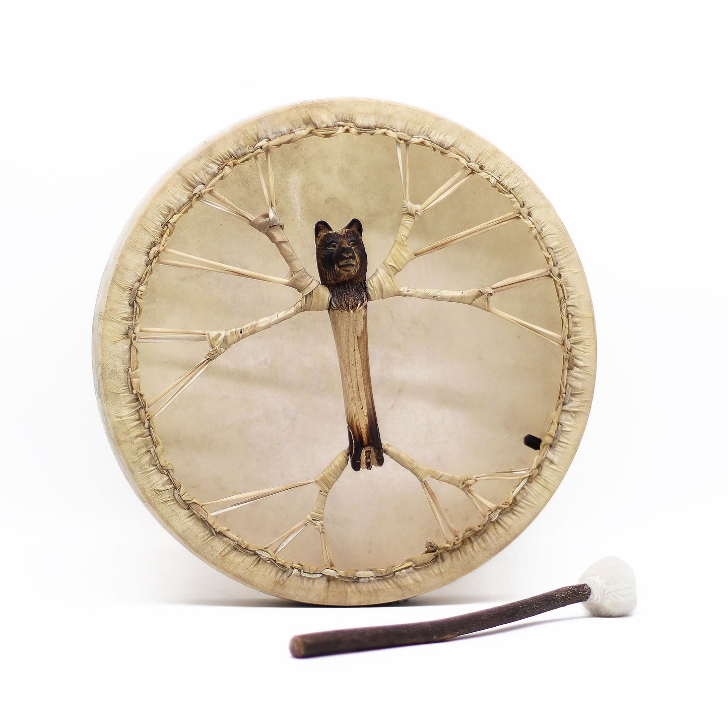 Alt-Tag: Schamanentrommel aus Akazienholz mit Bärenschlägel – stimmbar 40CM, 40 cm Rahmentrommel mit Bärengriff und Schlägel, Rückansicht