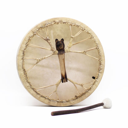 Alt-Tag: Schamanentrommel aus Akazienholz mit Bärenschlägel – stimmbar 40CM, 40 cm Rahmentrommel mit Bärengriff und Schlägel, Rückansicht