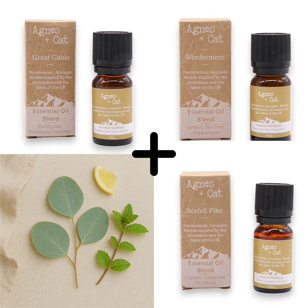 Alt Tag: Agnes & Cat – Breathe Easy Set med 3 eteriska oljeblandningar med flaskor för eteriska oljeblandningar i dofterna Great Gable, Windermere och Scafell Pike