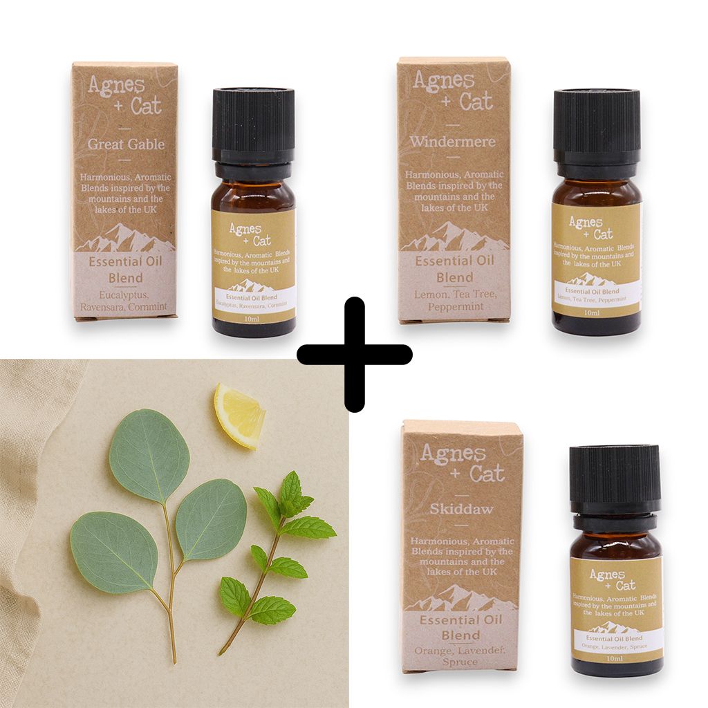 Alt-tagg: Agnes & Cat – Breathe Easy set med 3 eteriska oljeblandningar med tre eteriska olje-flaskor i ask och botaniska ingredienser