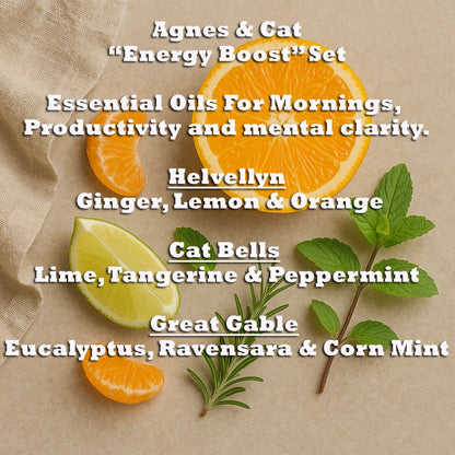 Alt Tag: Invigorating Essential Oil Trio – Energy Boost Set set con aceites esenciales; mezcla de jengibre, limón, naranja, lima, mandarina, menta y eucalipto