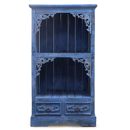 Albasia Bathroom Cabinet – Bluewash bluewashed albasia wood cabinet with open shelves, carved corner details, and two bottom drawers