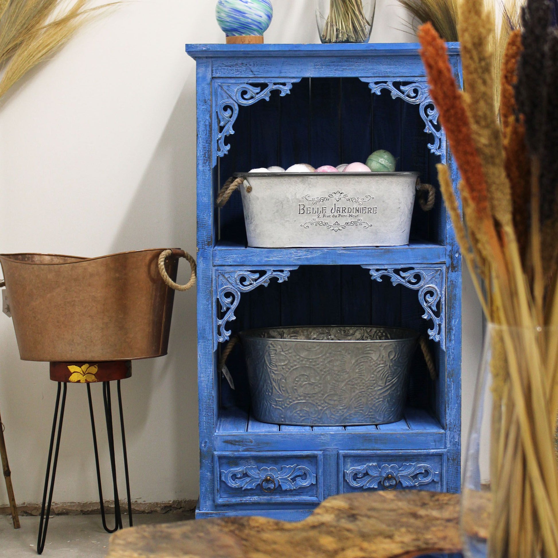 Albasia Bathroom Cabinet – Bluewash bluewash albasia wood cabinet with open shelves and drawers, decorative carved trim